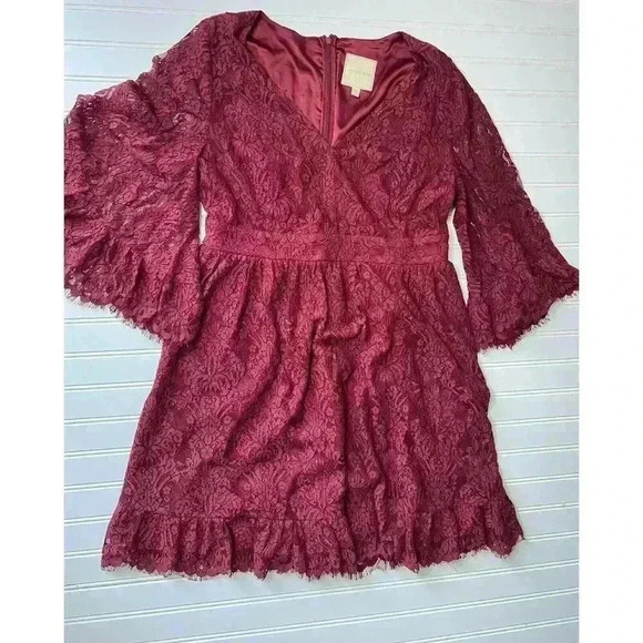 ModCloth Dresses & Skirts - Modcloth Maroon Red Lace Through the Bluebells Dress Bell Sleeves Large